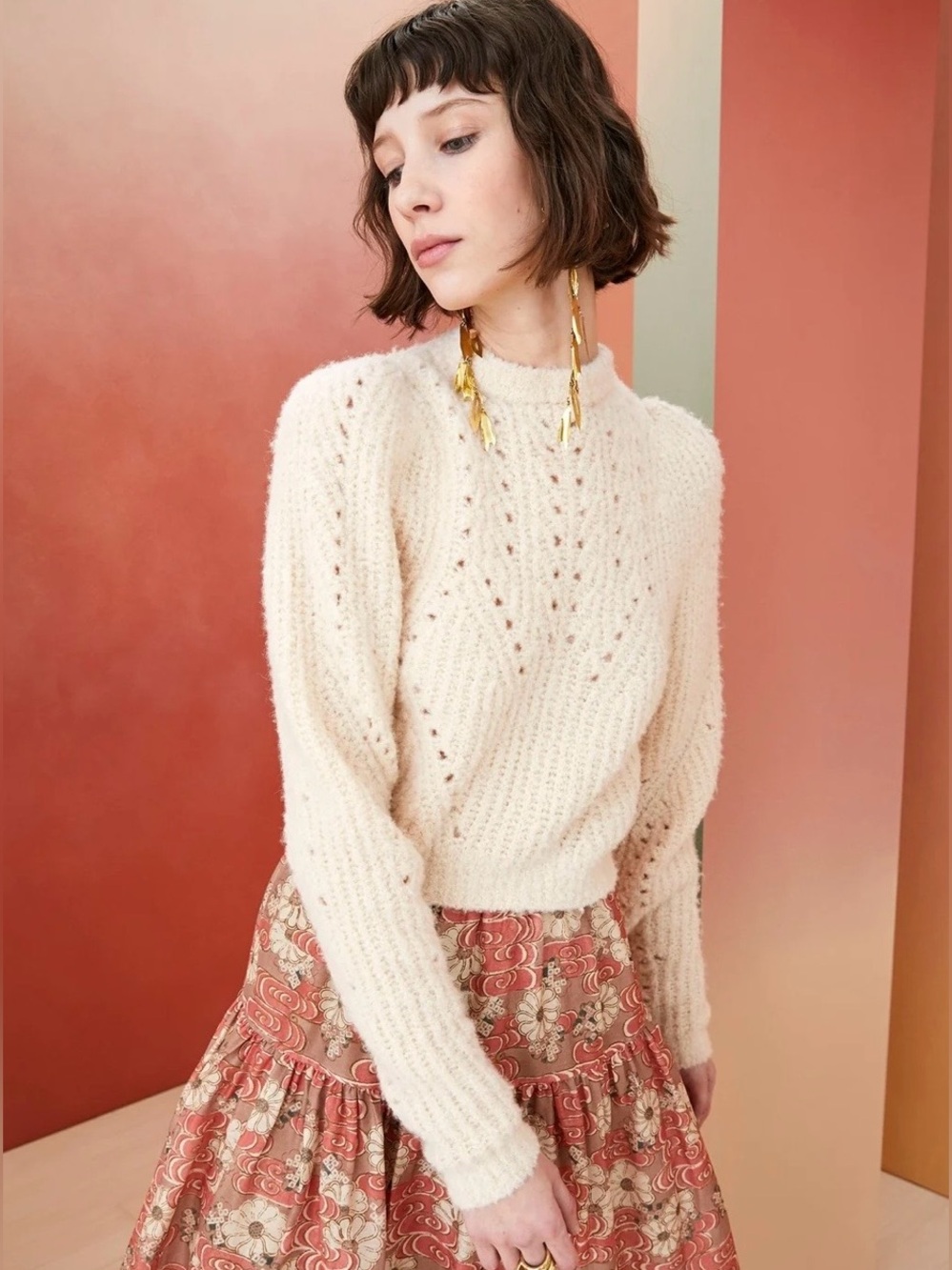 Ulla Johnson Jasper Alpaca Open Pointelle Knit Puff Sleeve Sweater Cream S